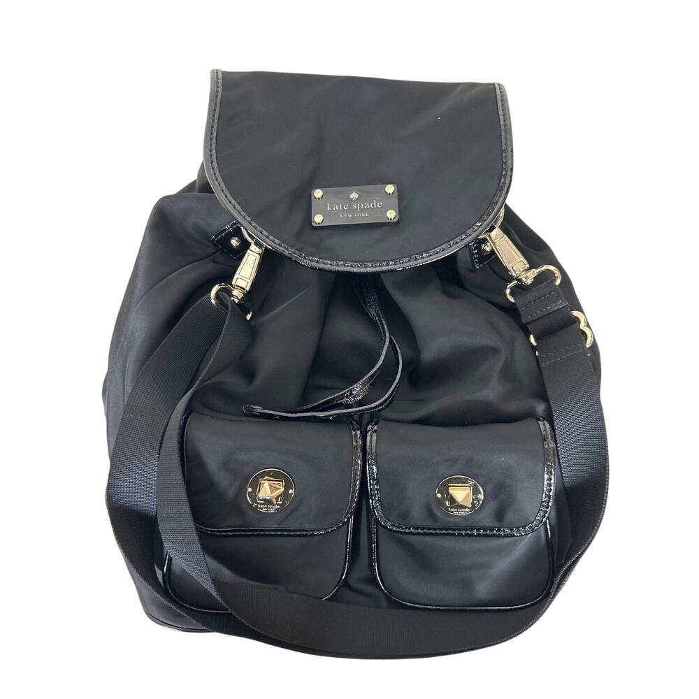 Kate Spade Black Nylon Convertible Backpack Crossbody Bag Patent Leather Trim